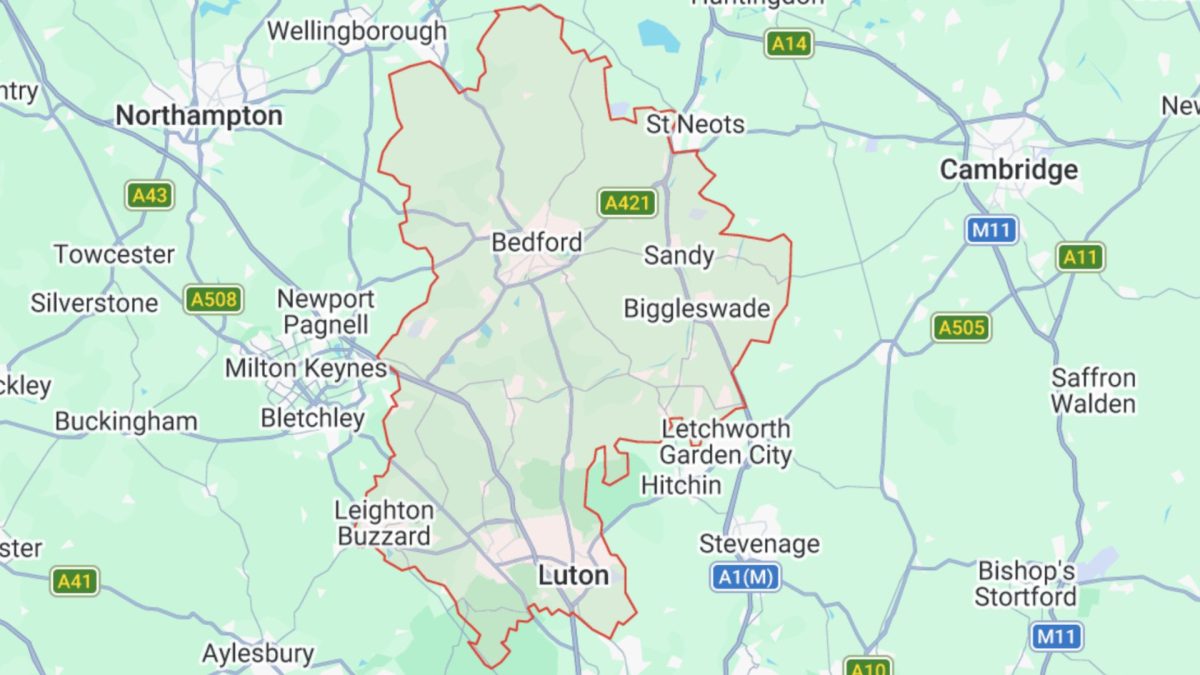 Map of Bedfordshire to show where I cover for my home training service